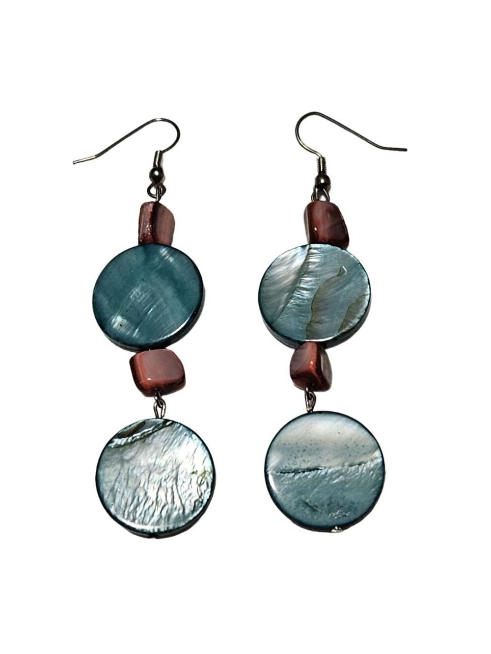 Vintage Blue Shell Disc Dangle Earrings Double Circle Brown Bead Boho Coastal